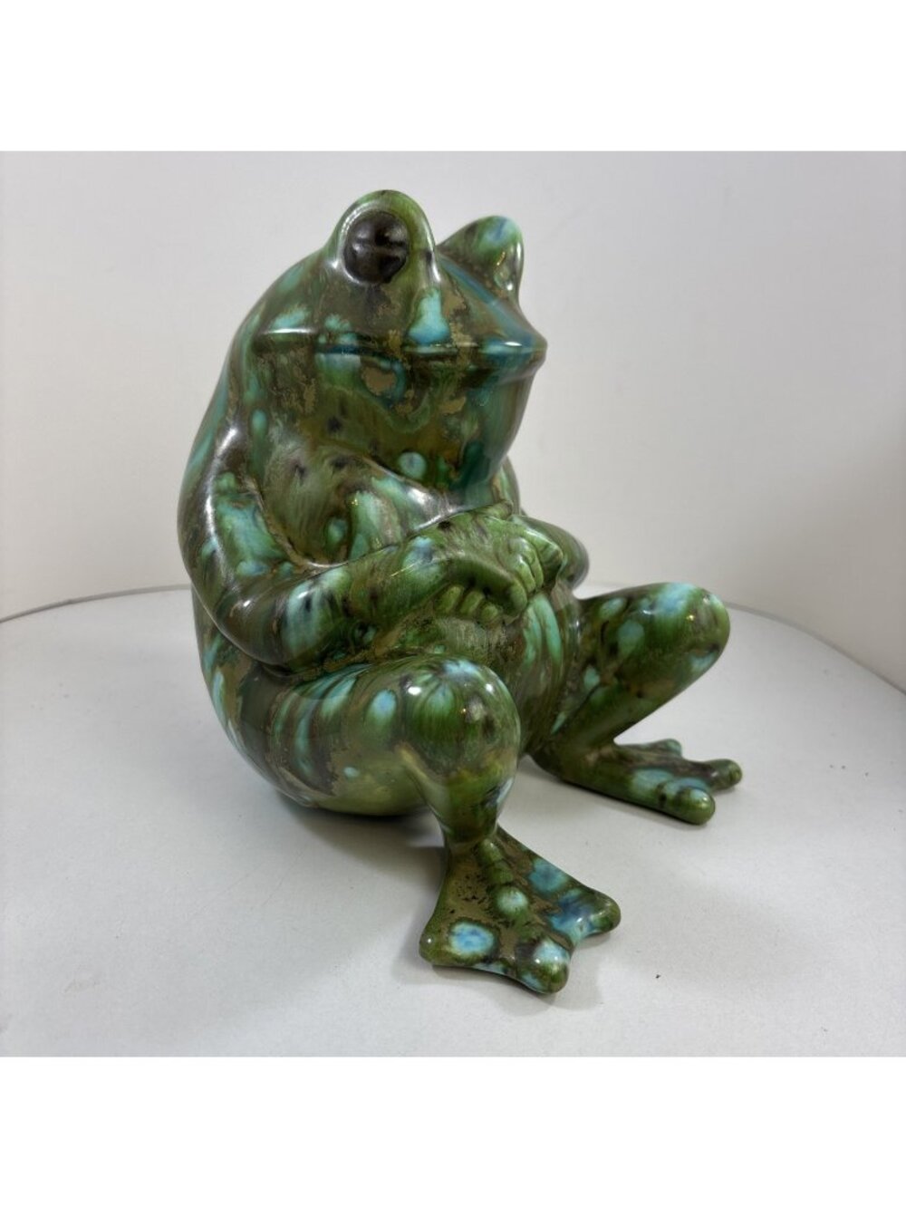 MCM Green Blue Brown Drip Glazed Ceramic Sleeping Bull Frog Figurine